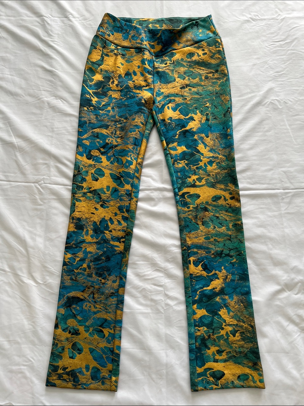 Soft Surroundings Teal and Gold Patterned Flare Jeans Size XS